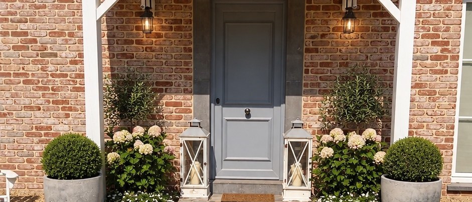 La façade en briques de la maison de Merdorp et sa porte d’entrée sous l’auvent